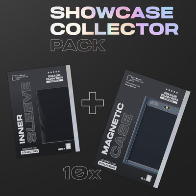 Text: Image of the “Showcase Collector Pack.” Shows the contents of the package: one pack of "inner sleeves" (perfect fit, 100 pieces) and 10 sets of magnetic cases (5 pieces each, 50 total). On a gray background