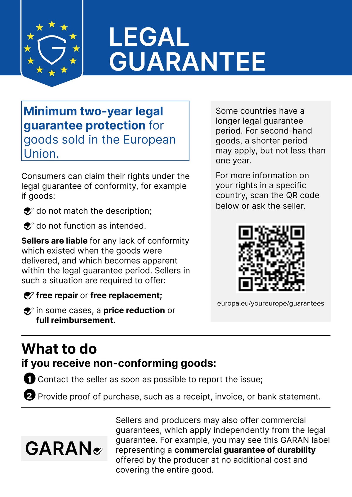 A blue and white informational poster titled 'LEGAL GUARANTEE' with EU law text, a QR code, and the GARAN logo at the bottom.