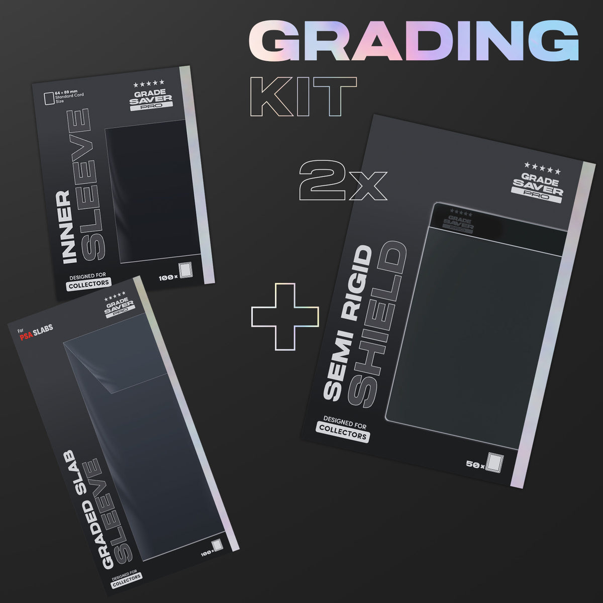 Text: “grading kit” showing a pack of Base sleeves (100 pcs), a pack of graded slab sleeves (100 pcs), and 2 packs of semi-rigid sleeves (50 pcs each) on a gray background